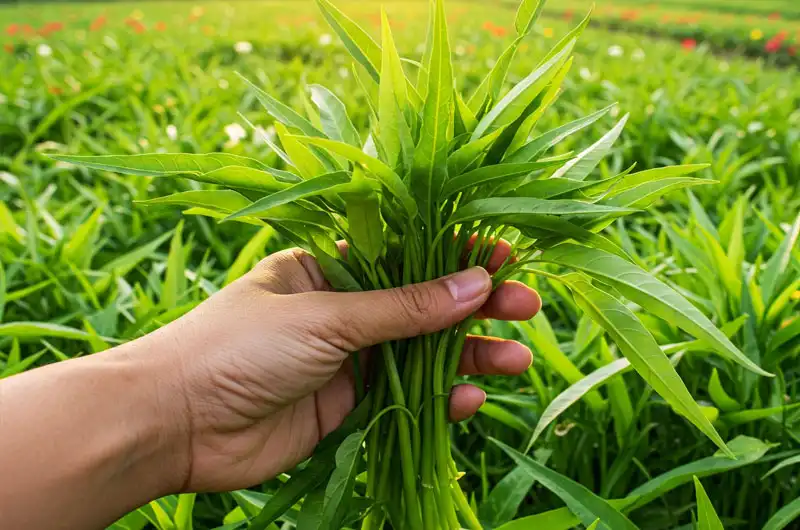 Close-up of a hand harvesting fresh, vibrant green leaves from a thriving Kangkong (water spinach) plant in a sunny tropical garden. This exemplifies the ease, leading to a budget-friendly food source.