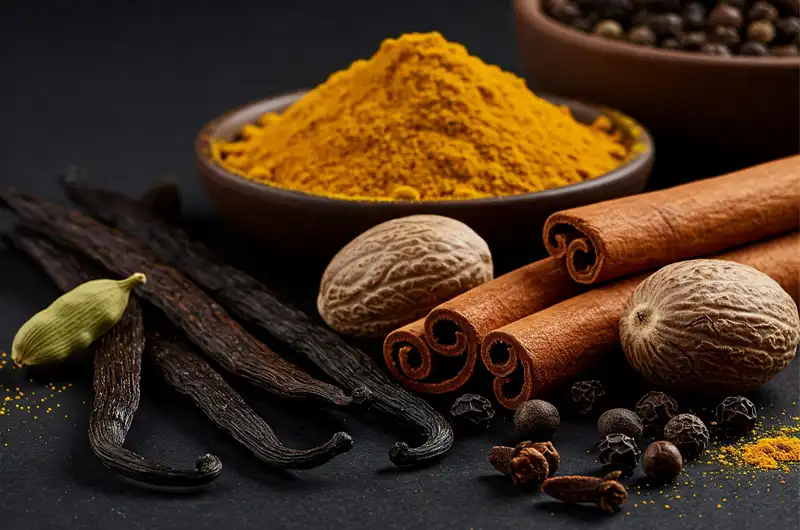 Tropical Food have Spices like: Vanilla, cinnamon, nutmeg, black pepper.