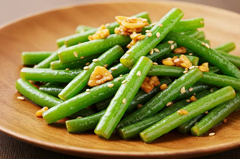 A plated serving of delicious Garlic Stir-Fried Yardlong Beans, showcasing the finished dish with tender-crisp beans and visible garlic.