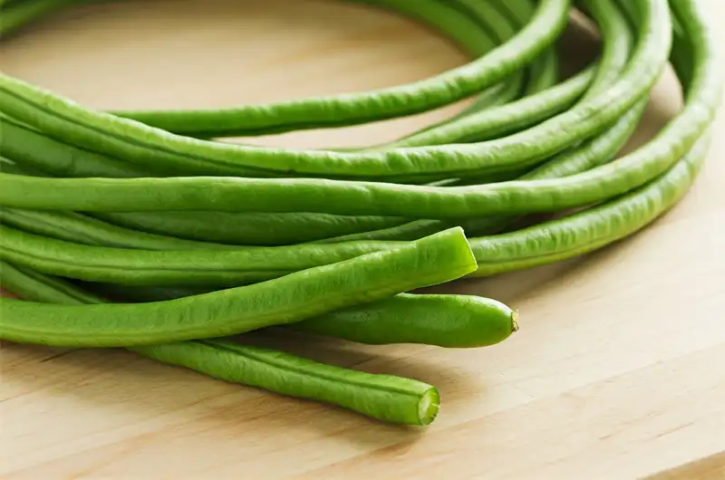 A bunch of fresh, long, green yardlong beans displayed on a neutral background, highlighting their characteristic slender shape and vibrant color.