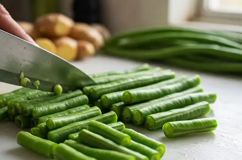 Hands cutting fresh green yardlong beans into bite-sized 1-to-2-inch pieces on a wooden cutting board, demonstrating preparation for cooking.