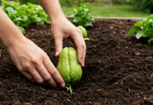 How To Grow Chayote Squash: Guide from Sprout to Harvest Planting a sprouted chayote (mirliton) fruit at an angle in prepared garden soil.