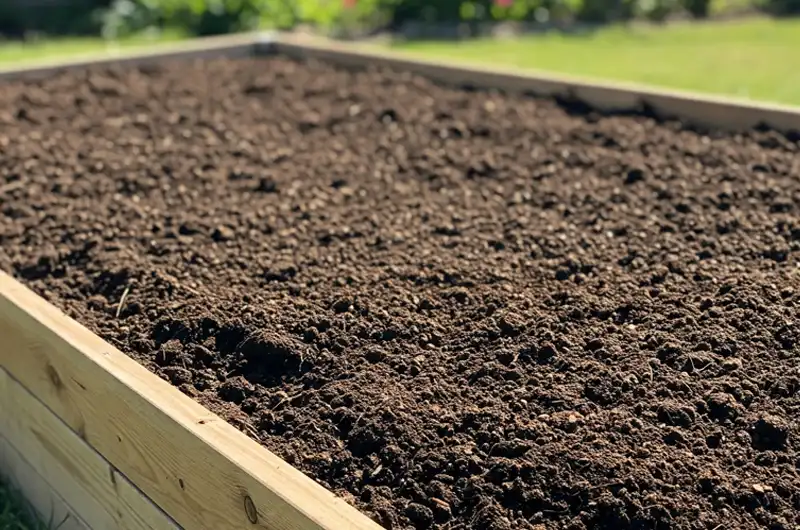Urban raised bed filled with freshly prepared dark, rich tropical plant soil mix, ready for planting.
