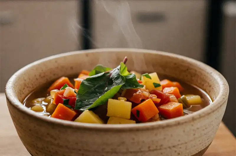 Hearty bowl of vegetable soup featuring cooked sweet potato leaves mixed with other colorful ingredients, illustrating a culinary use.