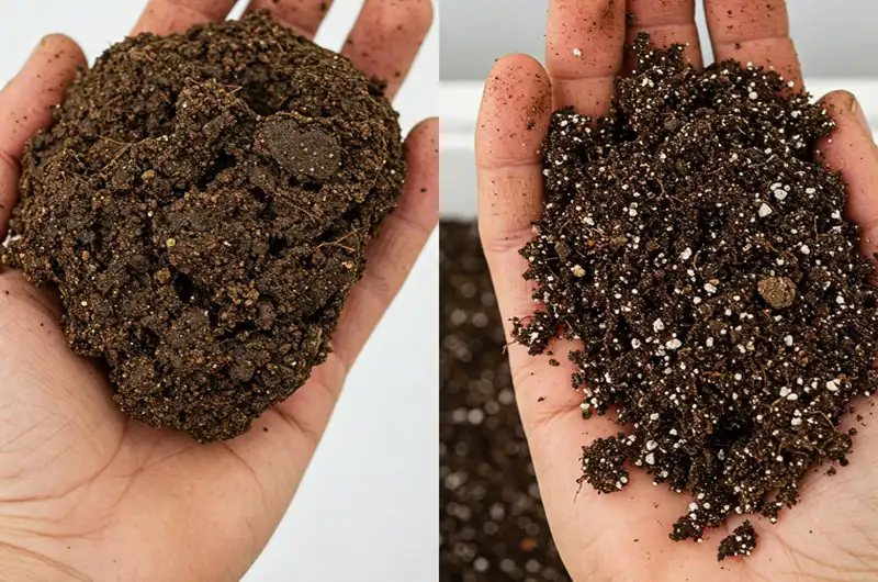 Comparison showing poor, compacted soil versus ideal loose, well-draining tropical plant soil mix required for healthy roots.