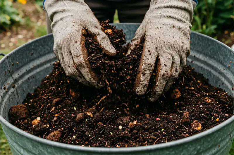 Gardener mixing compost, perlite, and coco coir in a wheelbarrow, demonstrating the tropical plant soil preparation mixing step for urban gardening.