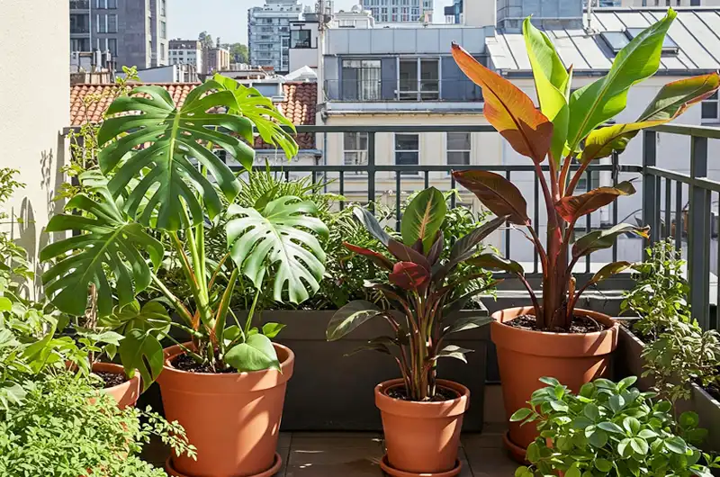 Lush tropical plants thriving in pots on a sunny urban balcony, showcasing successful tropical plant soil preparation results.