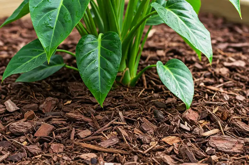 Layer of wood chip mulch applied around the base of a potted tropical plant, conserving moisture in the prepared tropical soil.