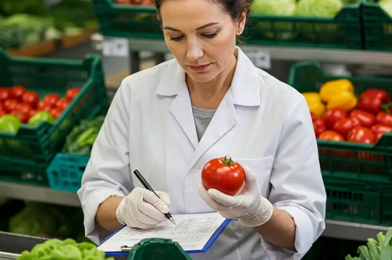 Food quality inspector examining a fresh tomato against a checklist, illustrating agri product quality control in a packing facility setting.