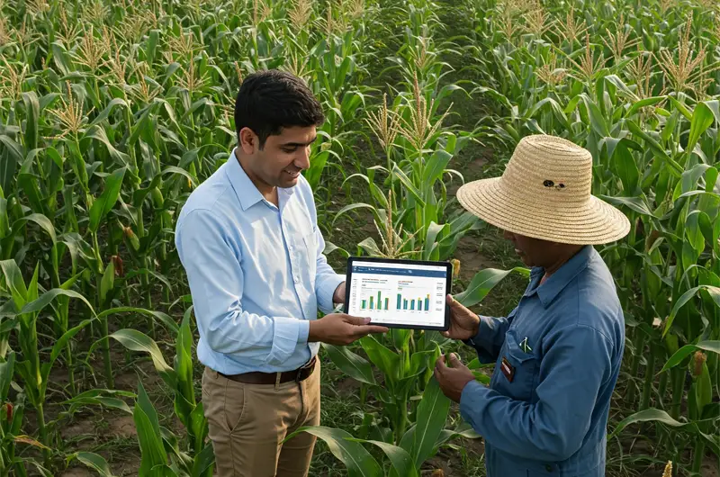 Agricultural export standards consultant advising farmer on compliance in crop field.