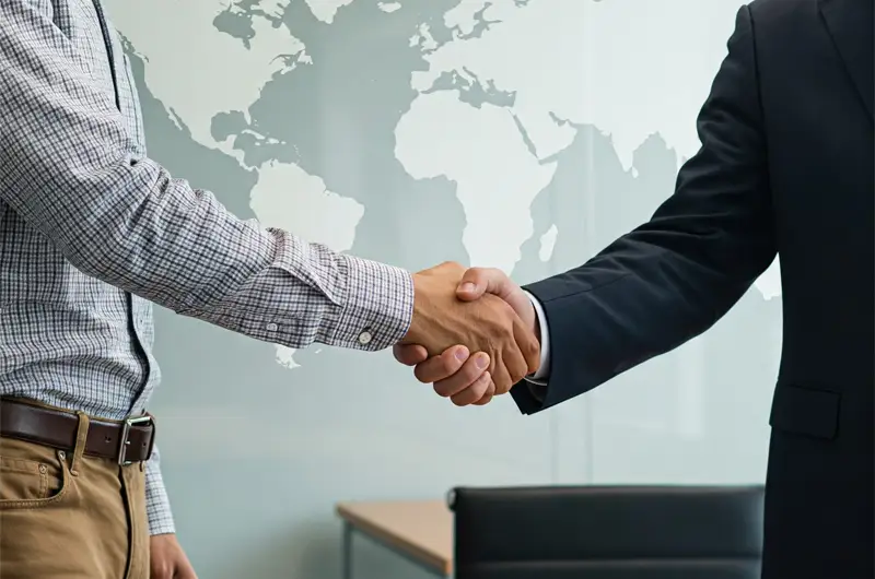 Agricultural exporter shaking hands with international buyer signifying successful partnership.