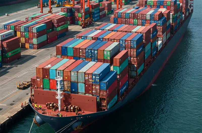 Cargo ship loaded with containers at port symbolizing global agricultural export logistics.