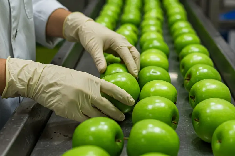 Close-up of gloved hands inspecting green apples on a sorting table, demonstrating meticulous agricultural product inspection.
