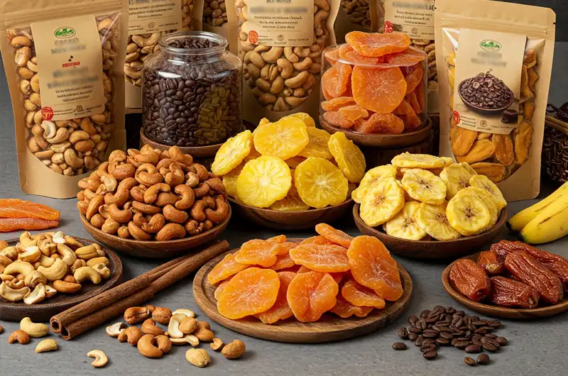 A diverse display of Vietnamese processed products including cashews, dried fruits, and coffee beans.