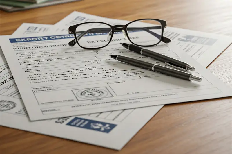 Close-up of agricultural export compliance documents and checklists on a desk.