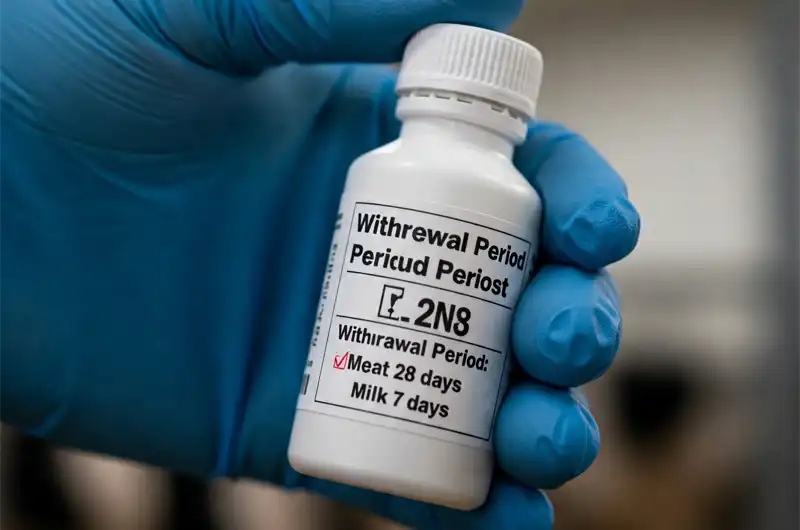 Close-up of an animal medicine label clearly showing the withdrawal period information vital for food safety.