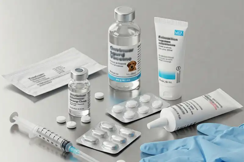 Various types of animal medicines including vials, pills, and syringes, illustrating veterinary pharmaceutical options.