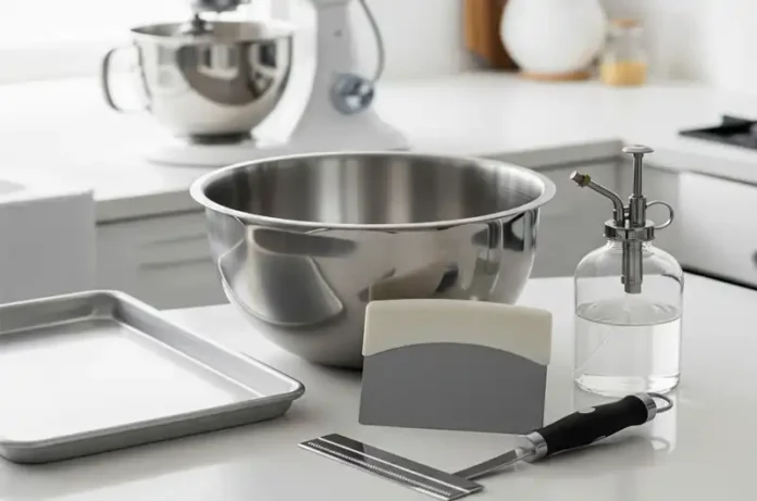 Essential baking tools for making bread laid out: a large mixing bowl, an optional stand mixer, a dough scraper, and a baking sheet.