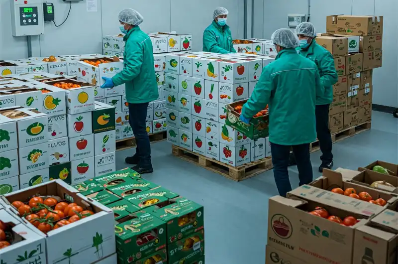 Workers handling perishable goods in a temperature-controlled cold chain logistics facility, vital for agricultural export quality.