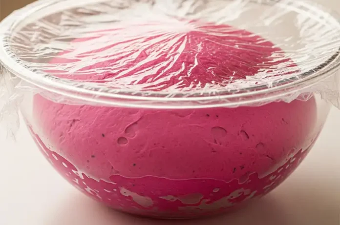 A ball of smooth, pink dragon fruit bread dough resting in a lightly greased bowl, covered with a damp cloth or plastic wrap, partway through its first rise.
