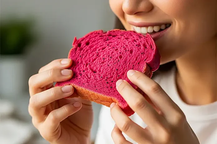 A person with a joyful expression taking a bite out of a delicious slice of homemade red dragon fruit bread, emphasizing its appeal.