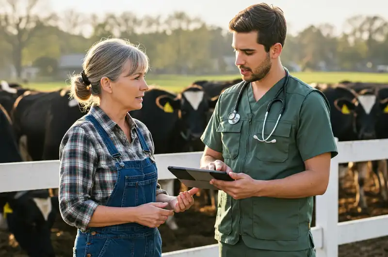 Farmer and veterinarian discussing animal health records and medication plans on a farm, highlighting collaborative livestock management.