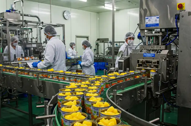 Inside a clean and modern food processing facility, a canning line efficiently seals metal cans filled with vibrant chunks of processed tropical fruit, likely pineapple or mixed fruit. Workers in hygienic attire monitor the process, ensuring quality control and adherence to food safety standards in the tropical food processing industry.