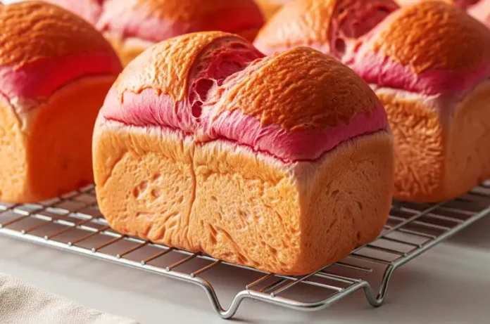 Several freshly baked, golden-pink red dragon fruit bread loaves cooling on a wire rack, steam possibly rising.