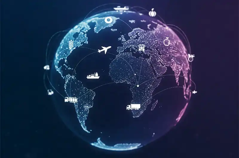 Conceptual image illustrating the global agricultural export logistics network with interconnected transport modes linking farms to international markets.