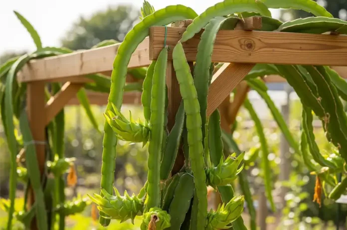 Healthy dragon fruit cactus (pitaya) vine with fruit, growing successfully on a trellis in a home garden.