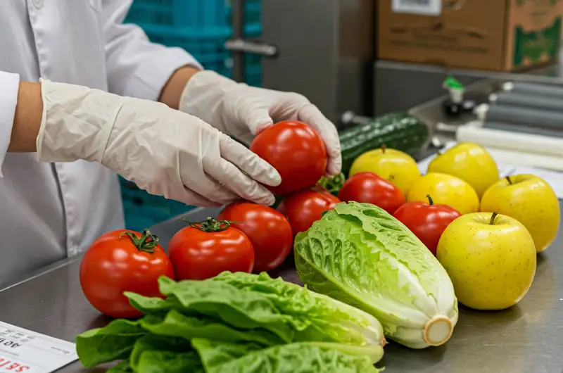 Gloved hands inspecting fresh produce on packing line ensuring export quality standards.
