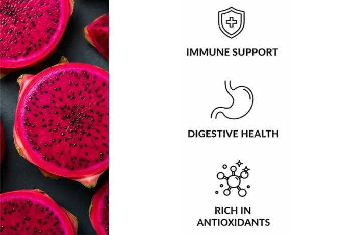 Infographic showing red dragon fruit with icons highlighting its key health benefits like immune support.
