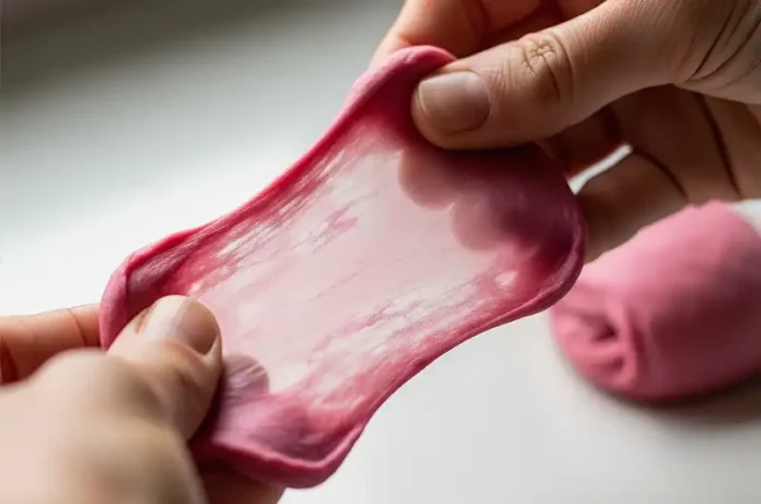 Hands kneading a soft, pink dough on a lightly floured surface, or a close-up of the dough being stretched to demonstrate the windowpane test for gluten development.