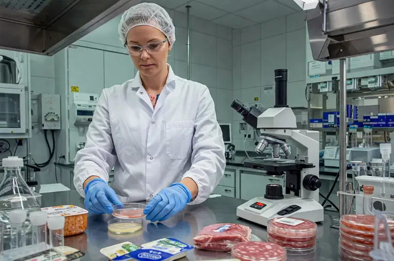 Lab technician conducting microbiological testing on a packaged food sample for food safety quality control.