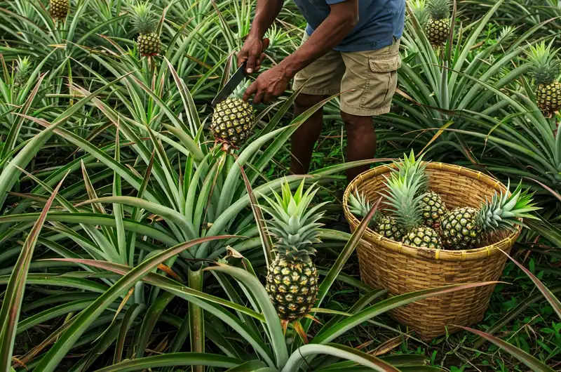 A hardworking local farmer in a lush tropical field carefully harvests ripe pineapples, highlighting the crucial role of agriculture in supplying raw materials for the tropical food processing sector. The image emphasizes the connection between farming communities and the food processing industry.