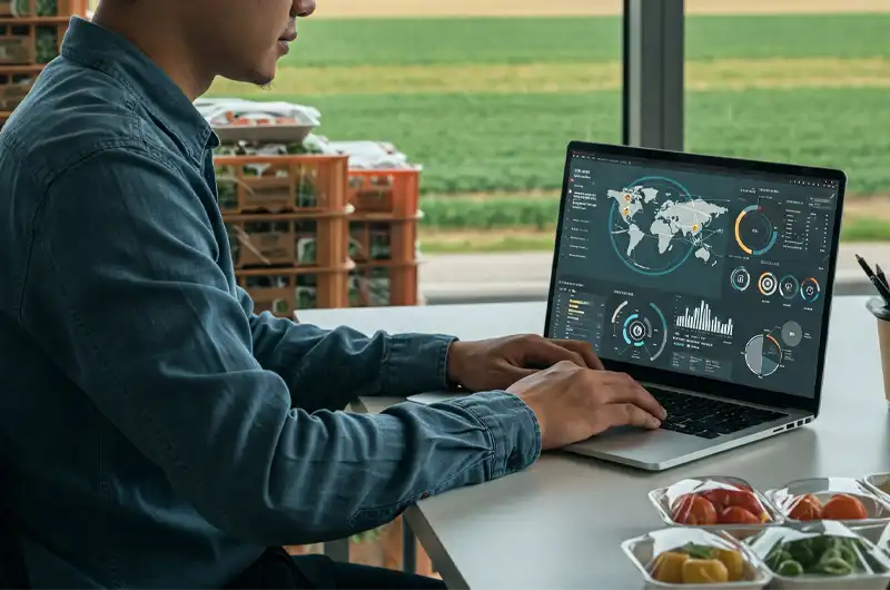 Logistics professional using a laptop for agricultural export logistics management, showcasing technology in the supply chain.