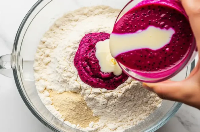 A large mixing bowl showing combined dry ingredients with a well in the center, where vibrant red dragon fruit purée and condensed milk are being added.