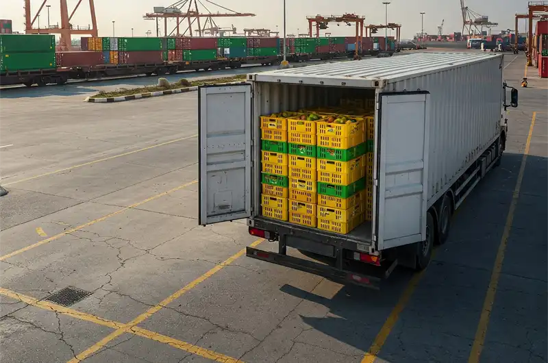 Multimodal agricultural export logistics showing a truck, train, and cargo ship in an integrated transport chain for produce.