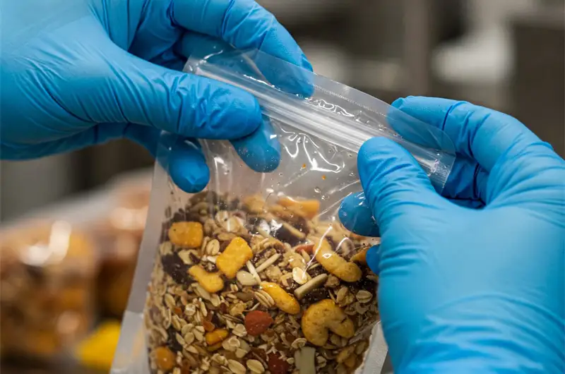 Close-up of hands inspecting the seal integrity of food packaging as part of quality control procedures.