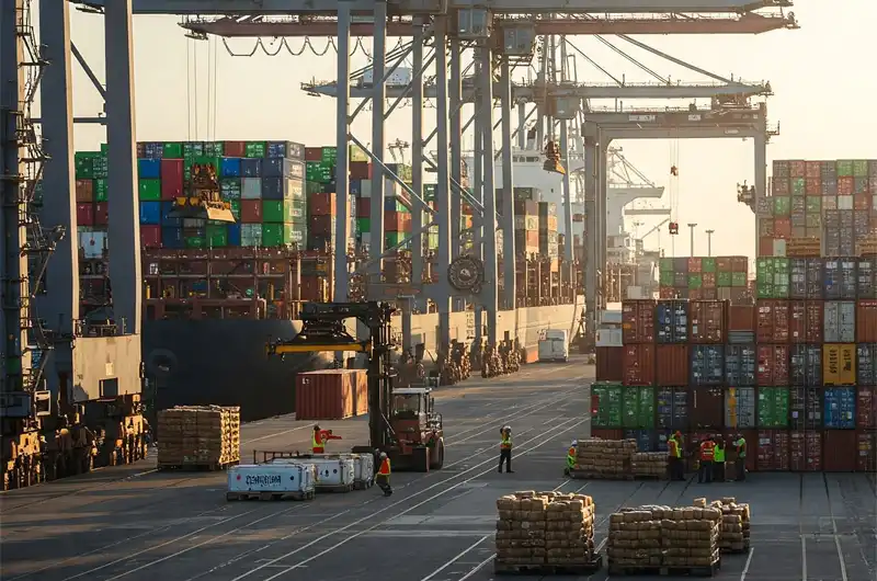 Busy port operations with a cargo ship being loaded with containers, illustrating a key stage in agricultural export logistics.