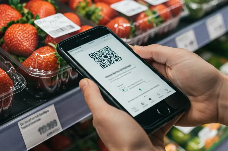 Hand using a smartphone to scan a QR code on packaged strawberries for food traceability information in agri product quality control.
