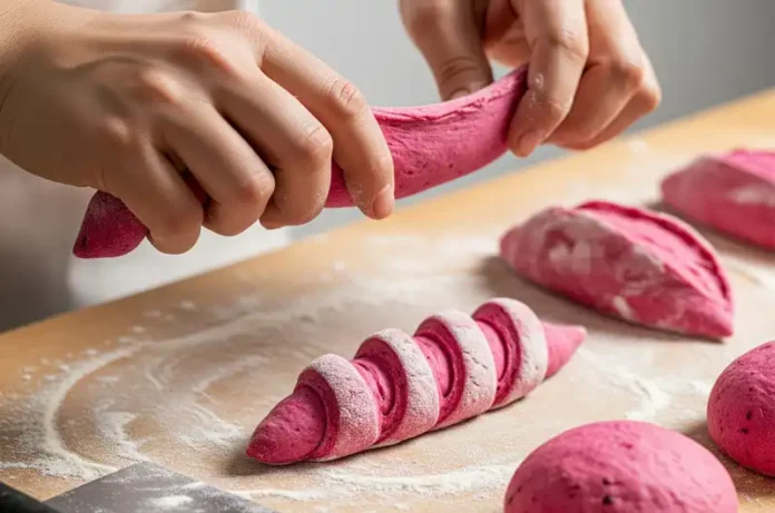 Pink dragon fruit dough being divided into portions and shaped into mini baguettes or round buns on a lightly floured surface.