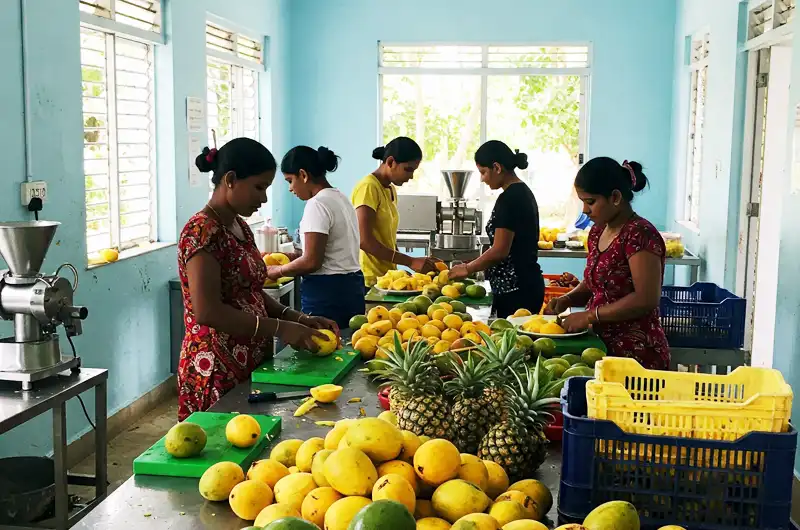 Interior view of a small-scale tropical food processing unit, showing basic machinery such as a fruit slicer and workers diligently preparing freshly harvested fruit, perhaps pineapple or jackfruit, for further processing. This image represents the grassroots level of tropical food processing and its contribution to the local economy.