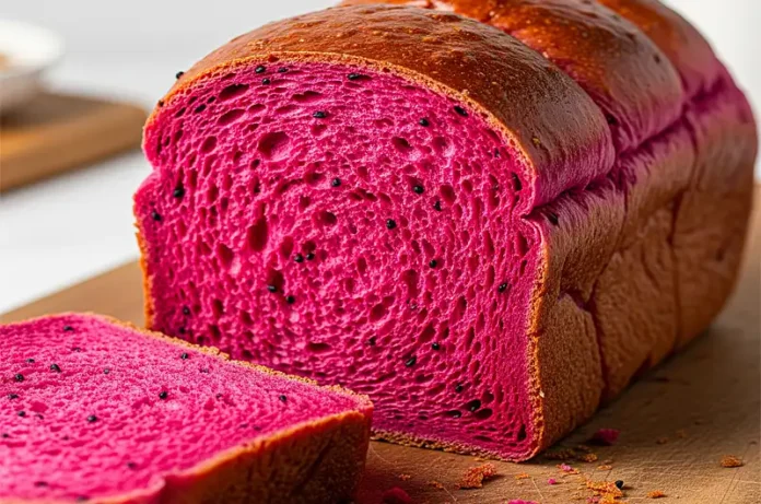 A beautifully baked loaf of red dragon fruit bread showcasing its vibrant pink-purple color and a perfectly golden-brown crust, sliced to reveal a soft interior.