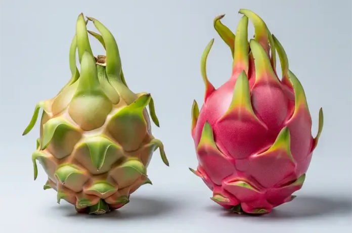 Comparison of an unripe green dragon fruit next to a ripe vibrant pink/red dragon fruit.
