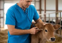 Understanding Animal Medicines: A Farmer’s & Caregiver’s Guide Veterinarian carefully examining a young calf, demonstrating animal health care and the importance of veterinary medicines.