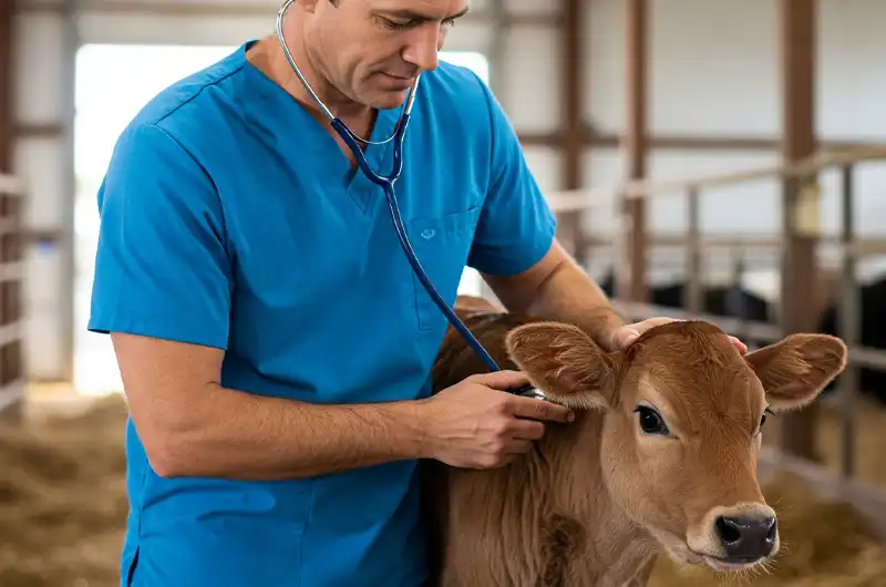 Veterinarian carefully examining a young calf, demonstrating animal health care and the importance of veterinary medicines.